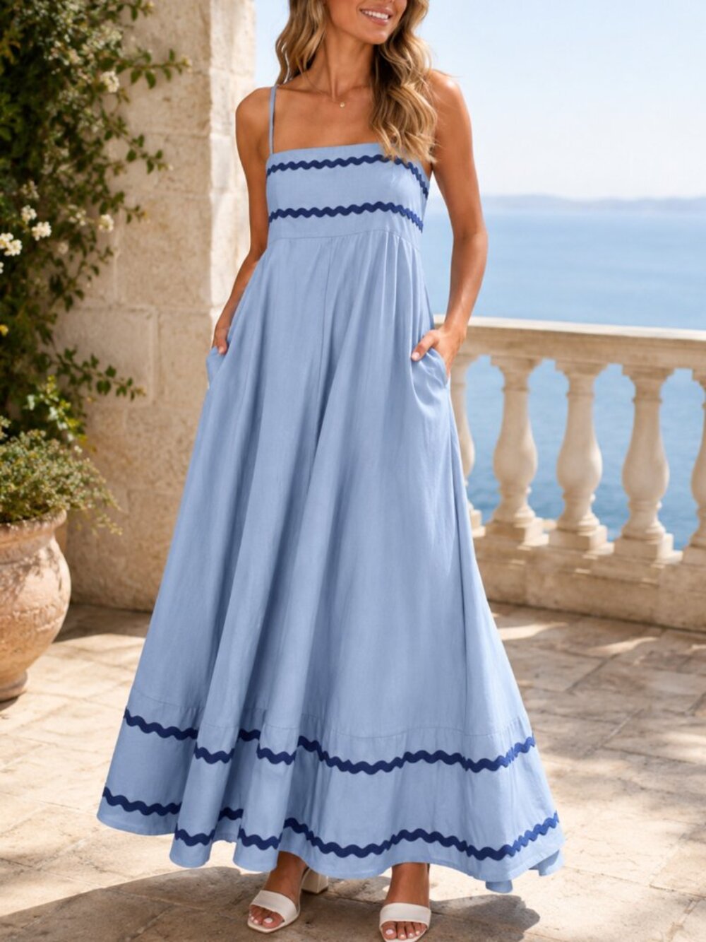 Blue Ric Rac Spaghetti Strap Maxi Dress Smocked Back XL Resort Coastal NWOT